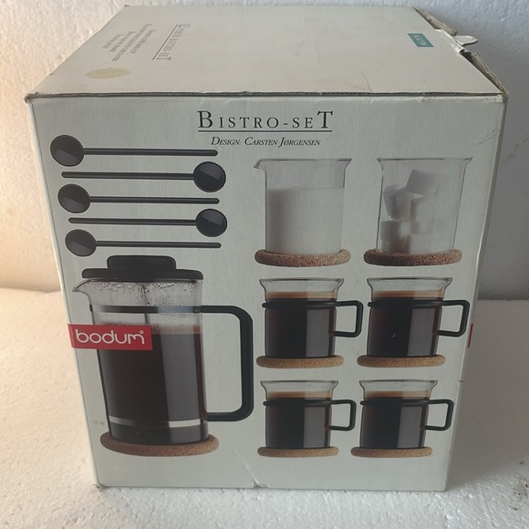 Vintage Bodum coffee glasses cork coasters bistro sugar creamer spoons Jorgensen - Picture 4 of 16